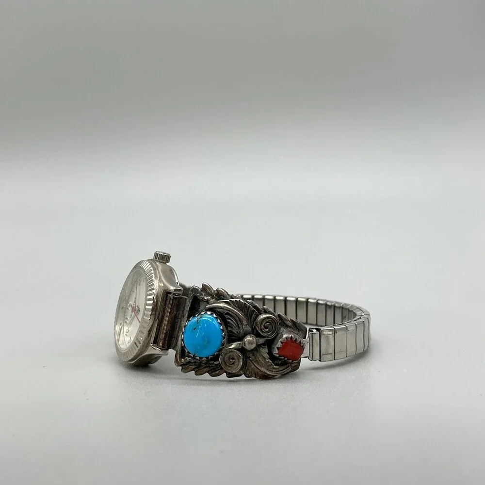 Vtg Quartex Womens Watch 21mm Stamped Sterling Turquoise Coral New Battery